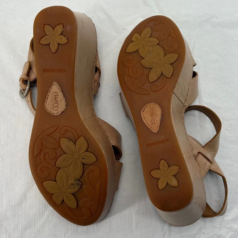 Born Tan Leather Platform Wedge Sandals Slingback Buckle D58341 Womens 7M